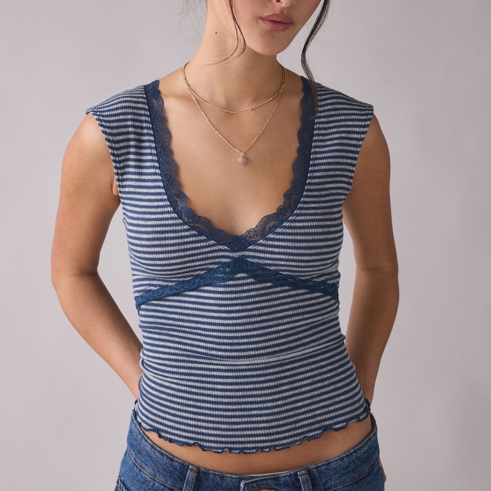 Out from under Striped Navy & White Lace-Trim shirt - Picture 1 of 6